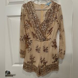 She + Sky Beige Sequin Romper